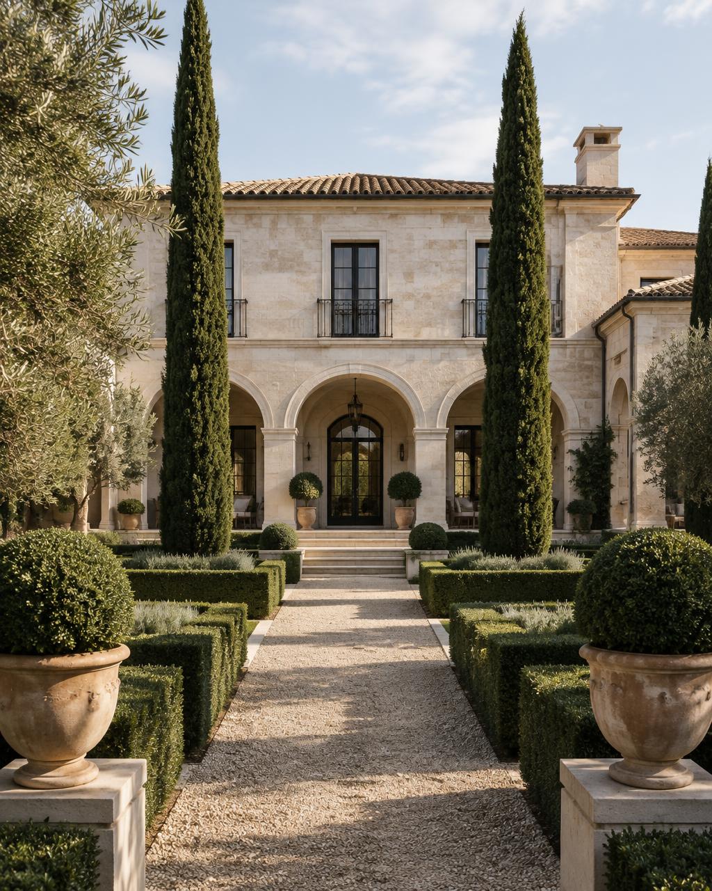 Klassisch elegante Luxusimmobilie aus hellem Naturstein mit formalem Garten in weichem Tageslicht