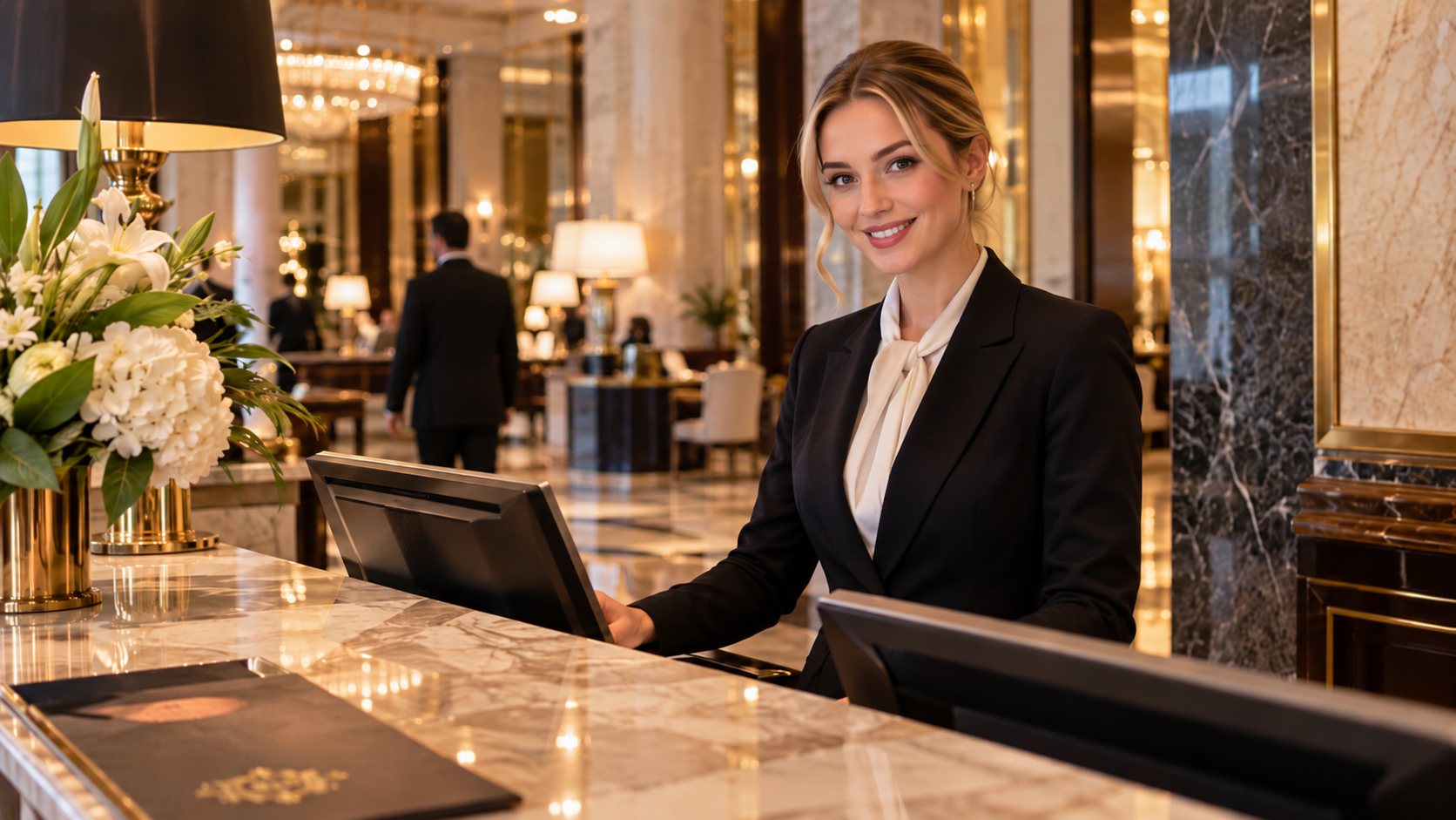 Rezeptionistin in schwarzer Uniform mit weißer Bluse steht hinter einem Marmor-Empfangstresen einer warm beleuchteten Hotellobby mit Blumenarrangement